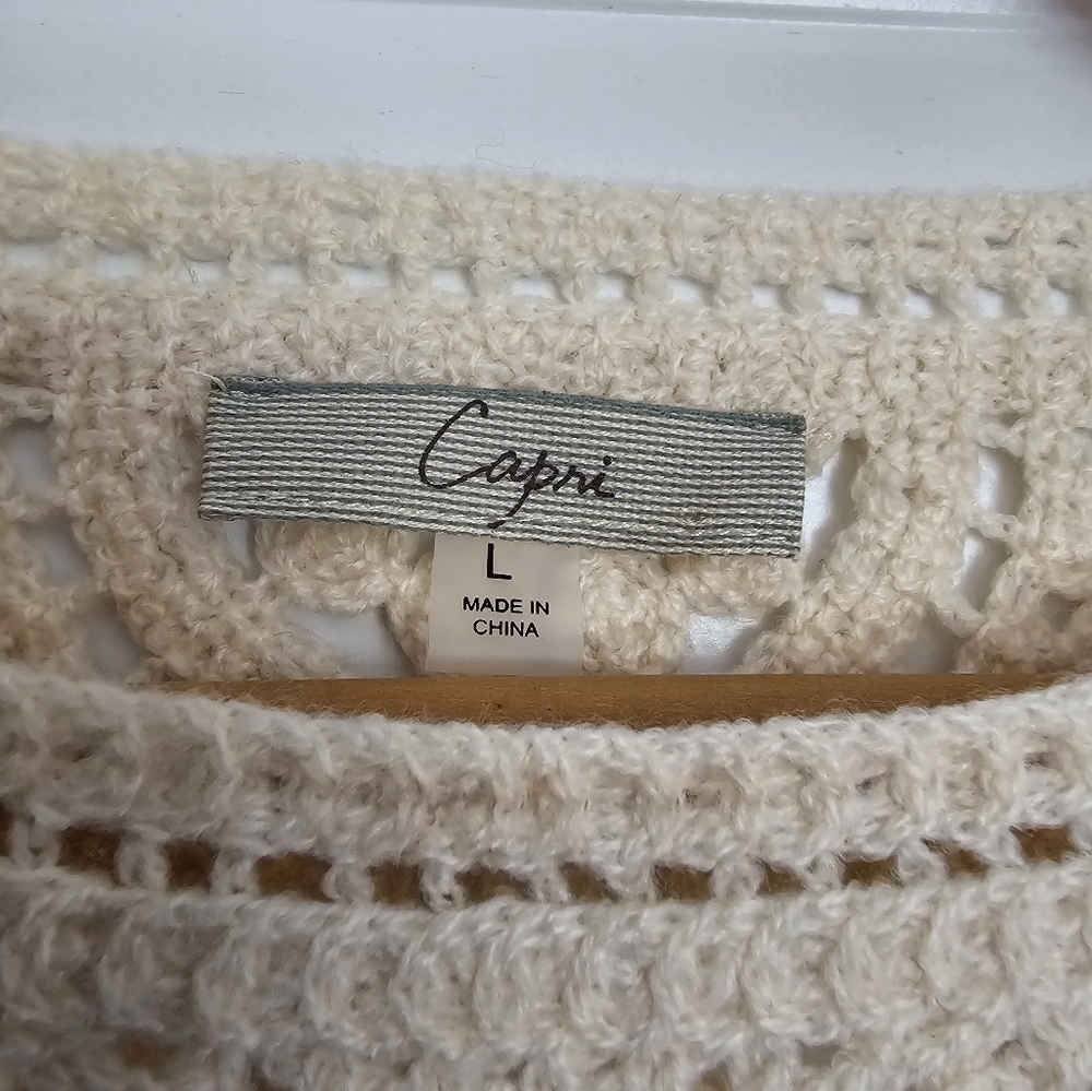 CAPRI Crochet Open Knit Long Sleeve Cream Color Sweater Size Large - Picture 6 of 7